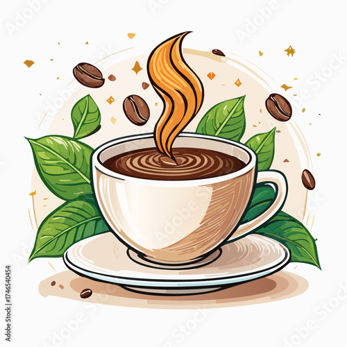 Coffee cup illustration with steam and coffee beans on white background