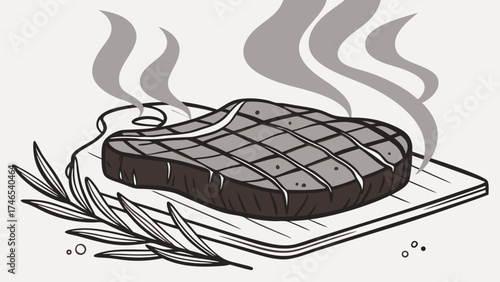 Grilled Steak on Cutting Board with Rosemary Illustration.