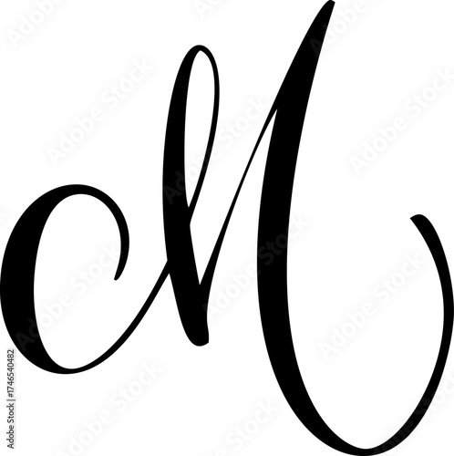 Capital vector letter m in elegant script font. Black alphabet typography design for element initial branding monogram