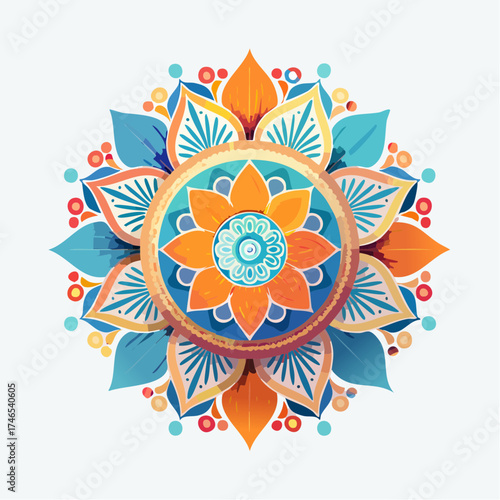 Decorative floral mandala illustration with vibrant colors and symmetrical design