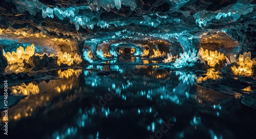 Enchanting subterranean cavern illuminated by myriad glowing formations in vibrant hues of electric blue and warm golden yellow casting ethereal