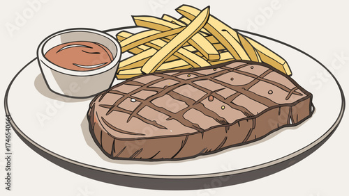Grilled Steak with French Fries and Sauce Illustration.