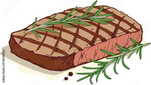 Grilled Steak with Rosemary and Peppercorns Delicious Food Illustration.