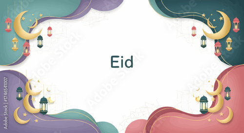 Beautiful Islamic Eid illustration with crescent moons, lanterns, and decorative waves, perfect for greeting cards and festive celebrations