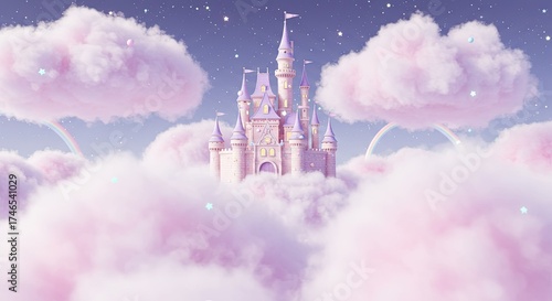 Enchanting pastel pink and purple castle perched atop fluffy cotton candy clouds under a sparkling starry sky with subtle rainbows arching in the