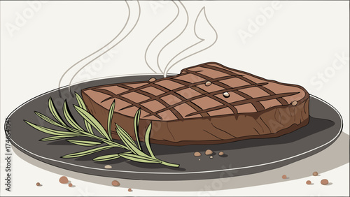 Grilled Steak with Rosemary on a Plate Hot Food Illustration Culinary Art Design.