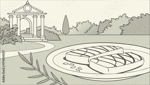 Grilled steaks in a garden setting with a classical pavilion illustration.