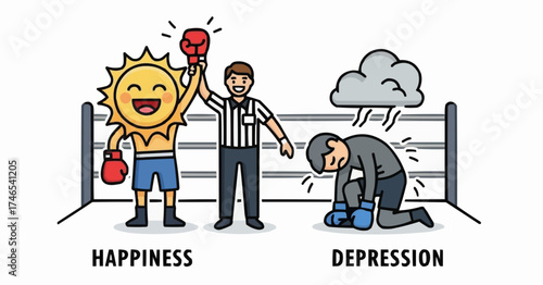 Celebrate happiness and overcome depression showing mood swings in boxing ring metaphor