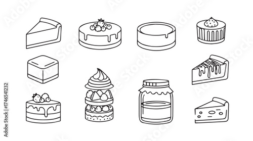 Hand-drawn sweet desserts collection featuring cakes pies jars and pastries isolated sketches vector