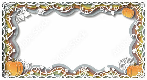 Intricate Halloween frame with a layered paper cut design featuring autumn pumpkins and spooky spiderwebs, ideal for seasonal greetings