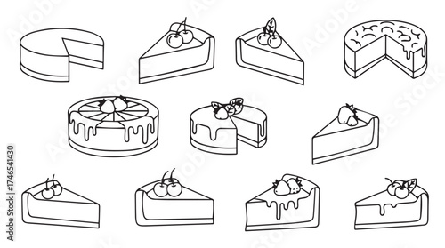 Delicious hand drawn cakes and slices dessert collection sketch style food art vector