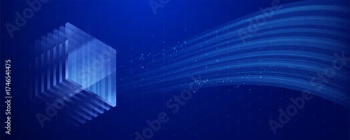 Abstract cube with flowing data stream on a blue background