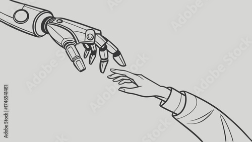 Human and robot hand reaching futuristic technology artificial intelligence connection cooperation digital art robotic hand human hand monochrome black and white line art vector illust.