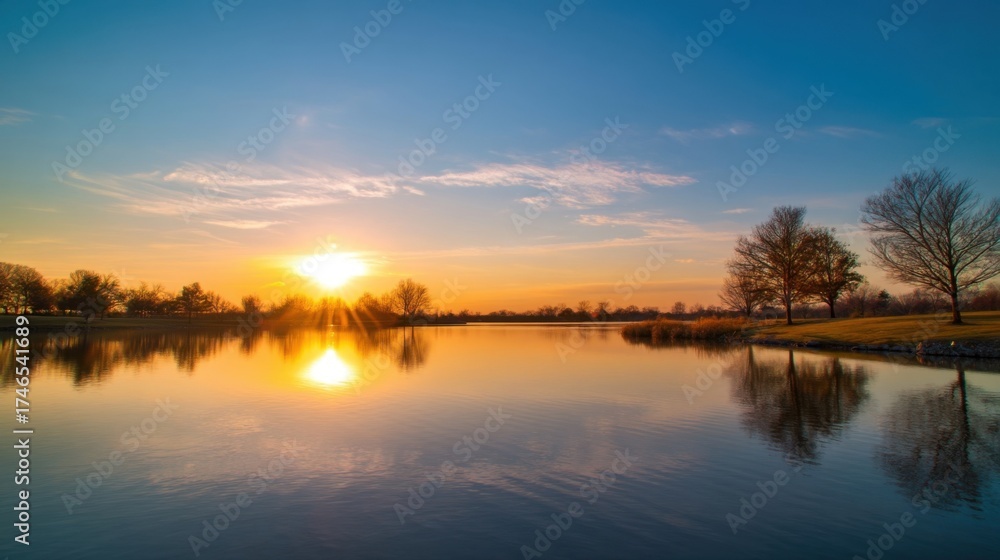 Obraz premium Serene natural scene with a lake reflecting the sunset, calm waters, golden hues, peaceful atmosphere, vibrant colors,