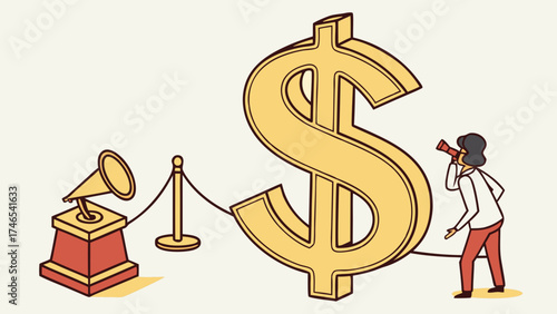 Illustration of a person observing a large dollar sign with a telescope next to a pedestal with a megaphone.