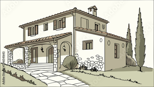 Illustration of a Mediterranean-style house with stone details and cypress trees.