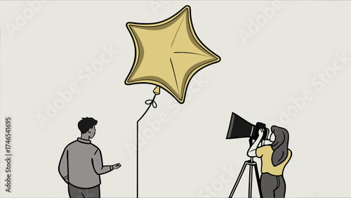 Illustration of a person photographing a star-shaped balloon with a person looking at it.