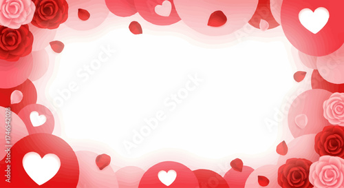 A romantic concept background for a celebration of love, featuring a border of red roses and pink hearts with copy space