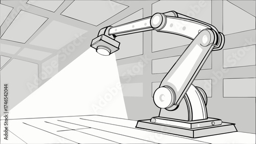 Industrial Robotic Arm Automation Technology Manufacturing Process Mechanical Engineering Design Illustration.