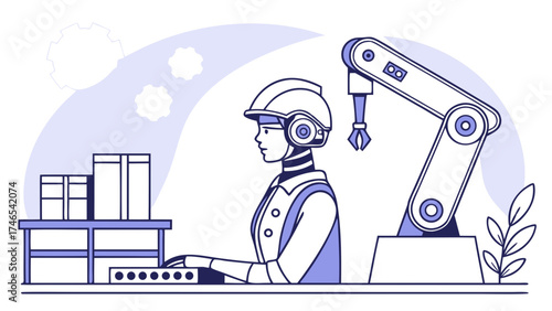 Industrial worker operating robotic arm futuristic technology automation factory manufacturing production line engineering innovation smart factory digital transformation industry 40.