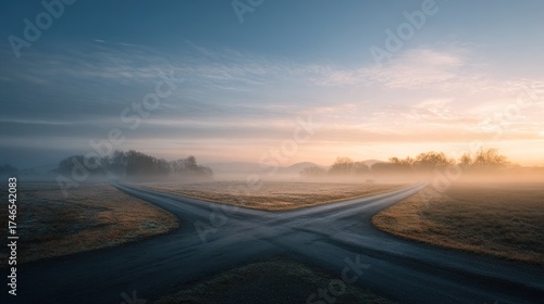 junction. A conceptual crossroads splitting in two directions, symbolic path choice. wellbeing guides, coaching materials, designed for coaching and self-improvement content, used by lab technicians.