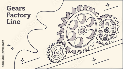 Interlocking Gears on Conveyor Belt Industrial Mechanical Engineering Design Illustration.
