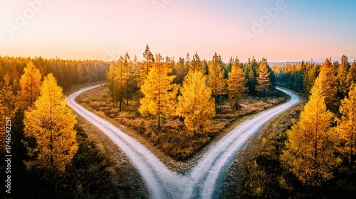 direction. Forked country road through autumn forest during golden hour, symbolizing choices and journeys. representing seasonal cycles and harvest abundance.