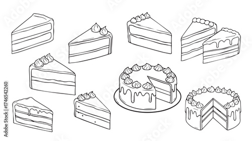 Hand drawn cake slices and whole cakes collection for sweet dessert creations vector