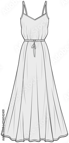 Strap Waist Gathered Flared Maxi Dress Fashion Illustration, Vector, CAD, Technical Drawing, Flat Drawing, Template, Mockup