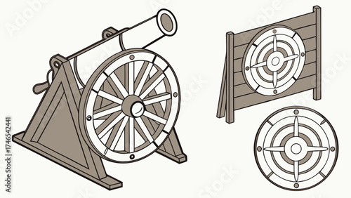 Isometric illustration of a cannon with target practice elements perfect for historical military or game design projects.