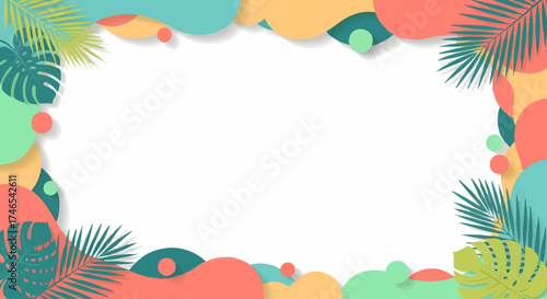 Vibrant Summer Border Frame with Abstract Organic Shapes and Tropical Palm Leaves, Creating a Cheerful Background for Festive Invitations, Vacation Promos, or Event Designs