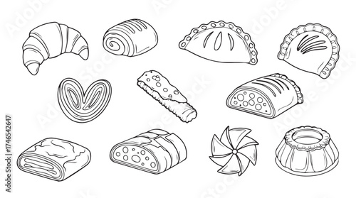 Hand drawn bakery collection delicious pastries croissant danish rolls bread cakes illustrated sketch vector