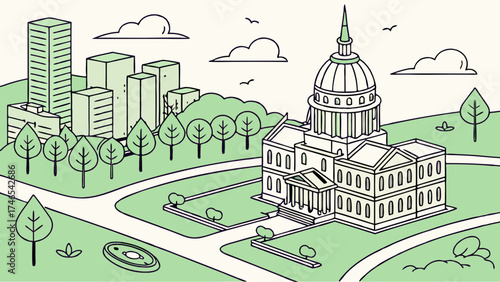 Isometric illustration of a city building with a dome park and skyscrapers in the background.