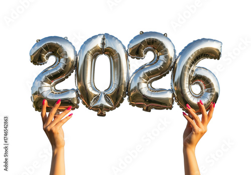 Reaching New Horizons in 2026: The year 2026 comes into focus as hands gracefully present reflective balloons, offering a glimpse into the future with optimism. 