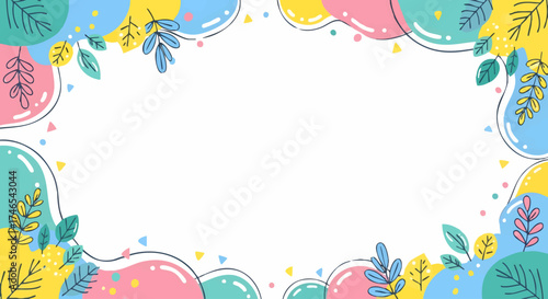 Vibrant Abstract Spring Border with Leaves and Bubbles - Whimsical Greeting Card Background