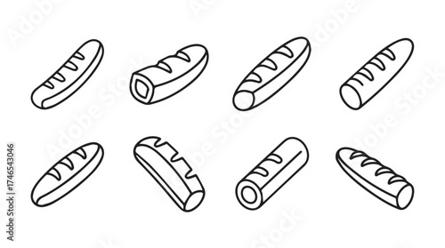 Collection of hand-drawn baguette loaves bread baked goods bakery cafe food elements vector