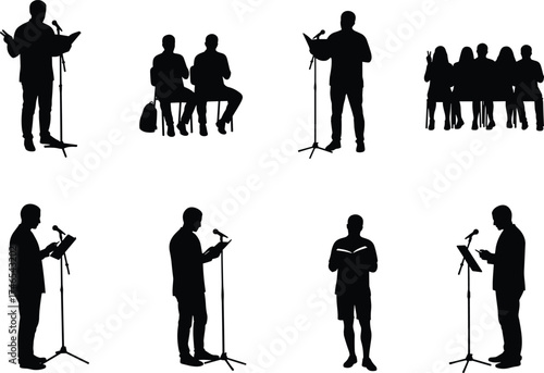 Silhouette people reading, speaking, performing on stage with microphone stands, storytelling, poetry, public presentation, group dialogue, vector illustration set
