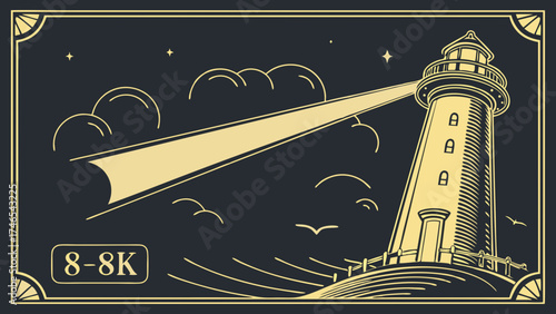 Lighthouse beam shining at night nautical illustration coastal graphic vector art 8k resolution.
