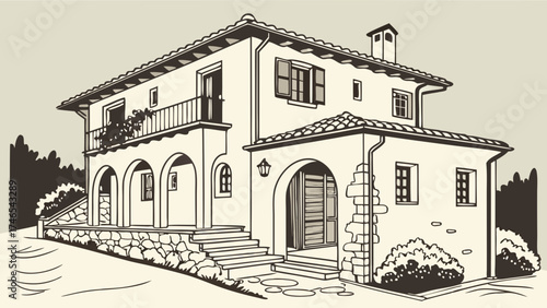 Mediterranean style house illustration architectural drawing home design villa blueprint real estate exterior design building facade house sketch home illustration two-story house stone.