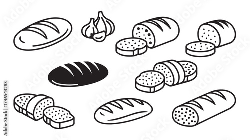 Hand drawn bread collection freshly baked loaves garlic sausage slices bakery food icons vector