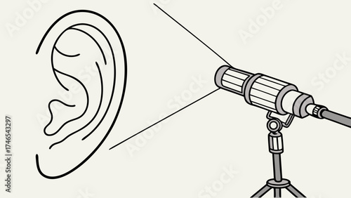 Microphone illustration audio recording sound voice ear podcast broadcasting music production recording studio audio equipment sound design voiceover interview communication technol.