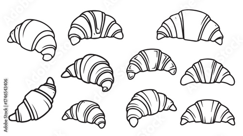 Collection of freshly baked croissants hand drawn sketch style delicious breakfast pastry elements vector