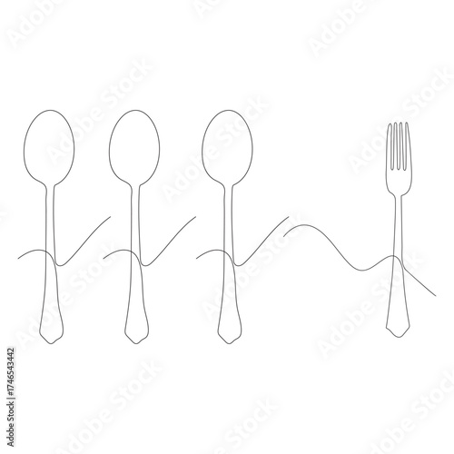 Continuous one line drawing of a knife, spoon, and fork, line art. simple drawing. vector.