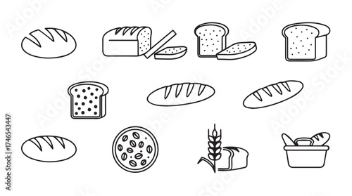 Artistic sketch of assorted baked bread products loaves slices wheat ears and butter on white vector