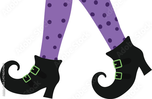 Witchy Halloween Fun Purple Polka Dot Stockings and Quirky Black Buckled Shoes Ready for Spooky Celebrations and Festive