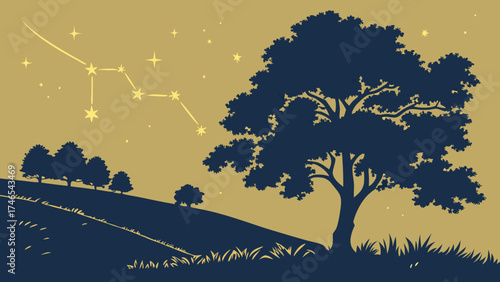 Night Sky Landscape with Silhouette Trees and Constellation Celestial Illustration Nature Scene Starry Night Background.