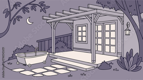 Nighttime garden scene with outdoor bathtub and pergola illustration.