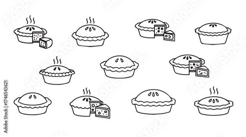 Collection of freshly baked pies and slices hand drawn line art icons for delicious food themes vector