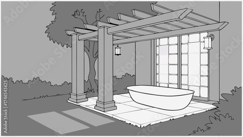 Outdoor bathtub design under pergola garden relaxation spa backyard oasis illustration.