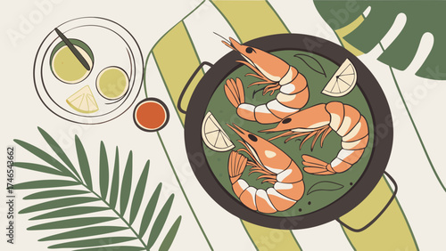 Overhead View of Delicious Shrimp Dish with Lemon and Tropical Leaves.